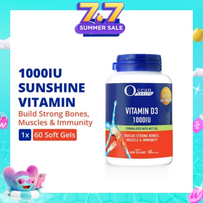 OCEAN HEALTH - Vitamin D3 1000IU Softgel (Builds Strong Bones, Muscles & Immunity + Halal) 60s