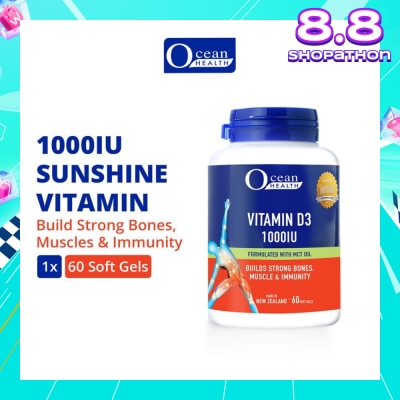OCEAN HEALTH Vitamin D3 1000IU Softgel (Builds Strong Bones, Muscles & Immunity + Halal) 60s