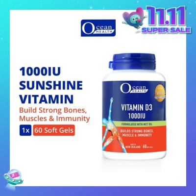 OCEAN HEALTH Vitamin D3 1000IU Softgel (Builds Strong Bones, Muscles & Immunity + Halal) 60s