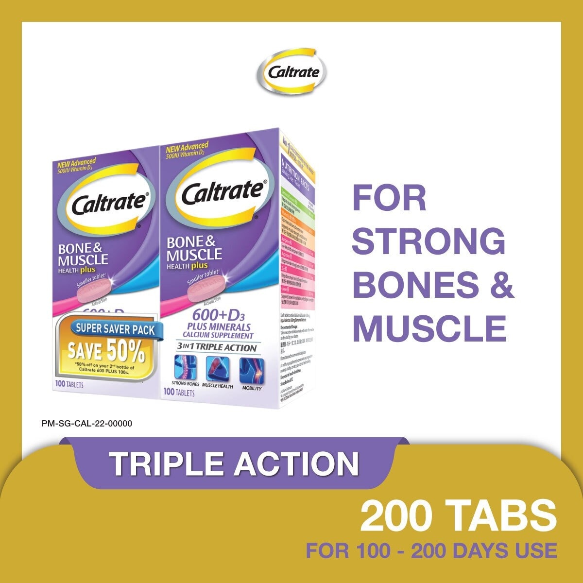 HealthPlus, Bone & Muscle (Triple Action 3 In 1, Calcium + Vitamin D + 4 Minerals) 100s x 2s