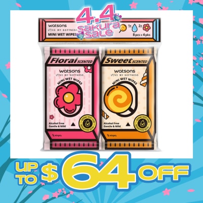 WATSONS - Mini Wet Wipes Assorted Pack Set 8s x 4 Pack (Sweet 1s, Floral 2s & Unscented 1s)
