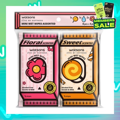 WATSONS Mini Wet Wipes Assorted Pack Set 8s x 4 Pack (Sweet 1s, Floral 2s & Unscented 1s)