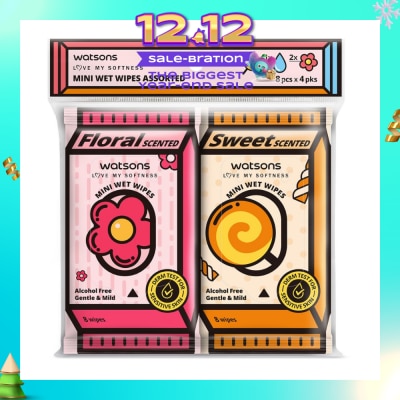 WATSONS Mini Wet Wipes Assorted Pack Set 8s x 4 Pack (Sweet 1s, Floral 2s & Unscented 1s)