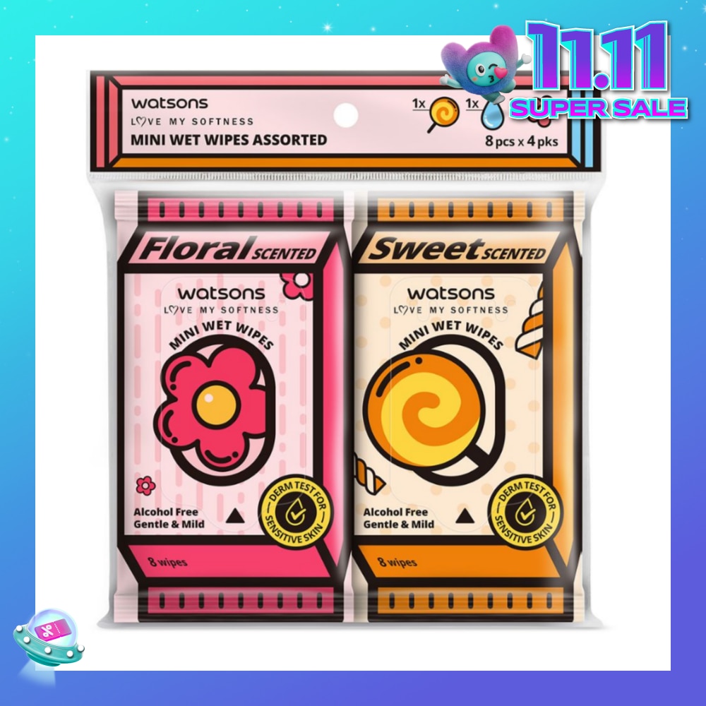 Mini Wet Wipes Assorted Pack Set 8s x 4 Pack (Sweet 1s, Floral 2s & Unscented 1s)