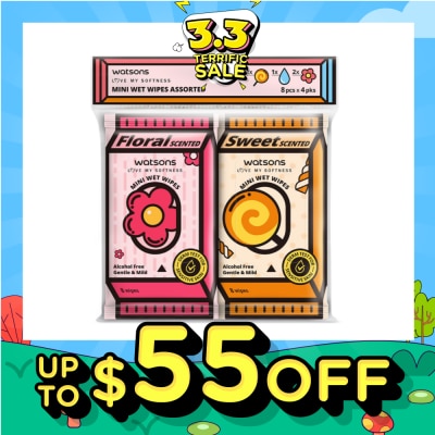WATSONS Mini Wet Wipes Assorted Pack Set 8s x 4 Pack (Sweet 1s, Floral 2s & Unscented 1s)