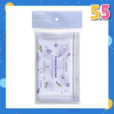WATSONS Invigorating Wet Wipes Freesia (Alcohol Free & Dermatologically Tested) 10s x 3