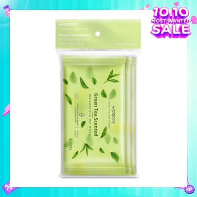 WATSONS Scented Invigorating Wet Wipes Green Tea 10s x 3 packet