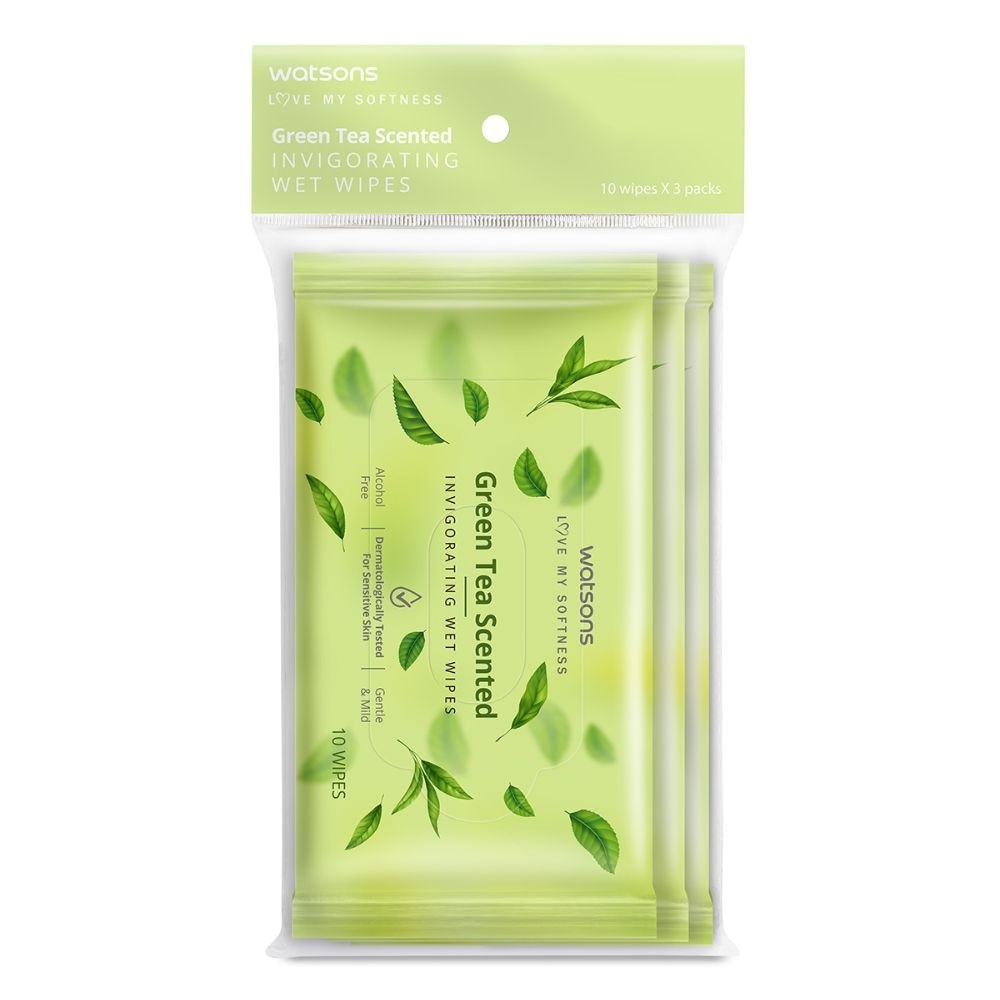 Invigorating Wet Wipes Green Tea (Alcohol Free & Dermatologically Tested) 10s x 3