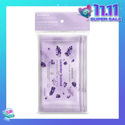 WATSONS Scented Invigorating Wet Wipes Lavender 10s x 3 packet