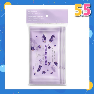 WATSONS Invigorating Wet Wipes Lavender (Alcohol Free & Dermatologically Tested) 10s x 3