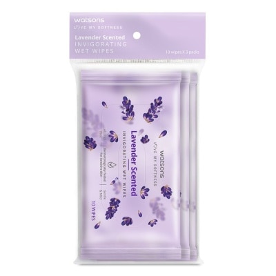 WATSONS Invigorating Wet Wipes Lavender (Alcohol Free & Dermatologically Tested) 10s x 3