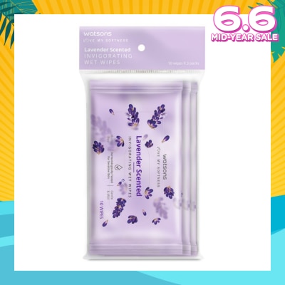 WATSONS Scented Invigorating Wet Wipes Lavender 10s x 3 packet