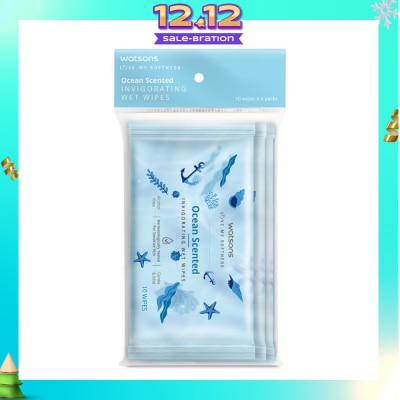 WATSONS Scented Invigorating Wet Wipes Ocean 10s x 3 packet