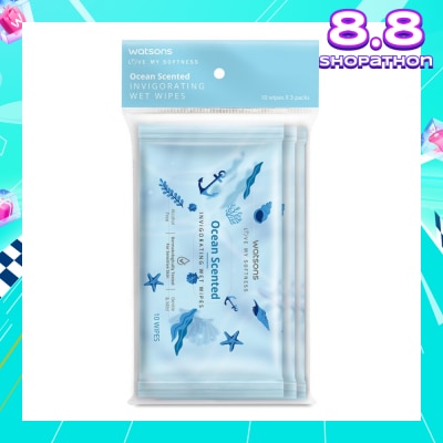 WATSONS Scented Invigorating Wet Wipes Ocean 10s x 3 packet