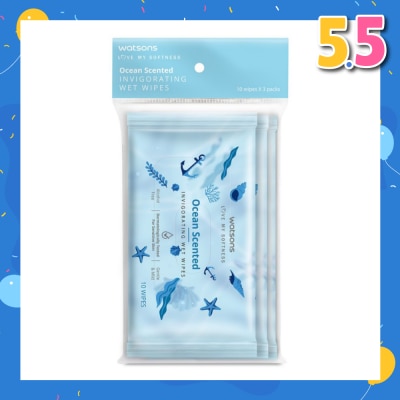 WATSONS Invigorating Wet Wipes Ocean (Alcohol Free & Dermatologically Tested) 10s x 3