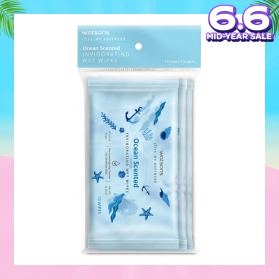 WATSONS Scented Invigorating Wet Wipes Ocean 10s x 3 packet