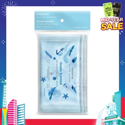 WATSONS Scented Invigorating Wet Wipes Ocean 10s x 3 packet