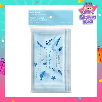 WATSONS Scented Invigorating Wet Wipes Ocean 10s x 3 packet