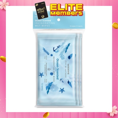 WATSONS Scented Invigorating Wet Wipes Ocean 10s x 3 packet