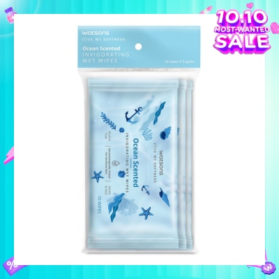 WATSONS Scented Invigorating Wet Wipes Ocean 10s x 3 packet