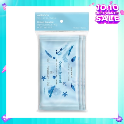 WATSONS Scented Invigorating Wet Wipes Ocean 10s x 3 packet