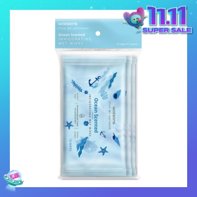 WATSONS Scented Invigorating Wet Wipes Ocean 10s x 3 packet