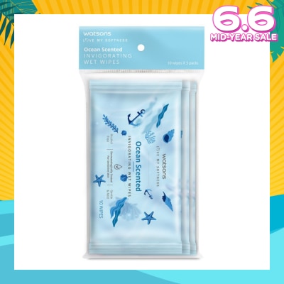 WATSONS Scented Invigorating Wet Wipes Ocean 10s x 3 packet