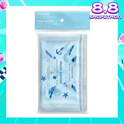 WATSONS Scented Invigorating Wet Wipes Ocean 10s x 3 packet