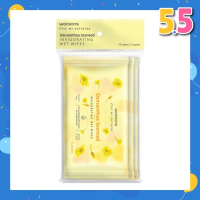 WATSONS Invigorating Wet Wipes Osmanthus (Alcohol Free & Dermatologically Tested) 10s x 3