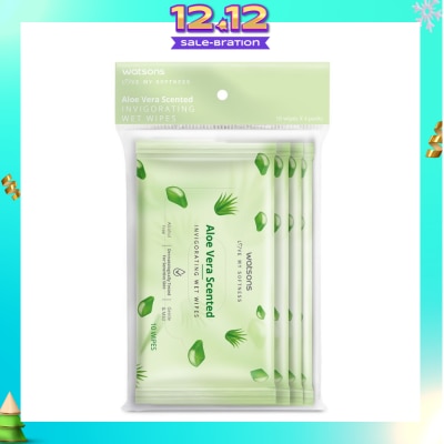 WATSONS Scented Invigorating Wet Wipes Aloe Vera 10s x 4 packet