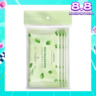 WATSONS Scented Invigorating Wet Wipes Aloe Vera 10s x 4 packet