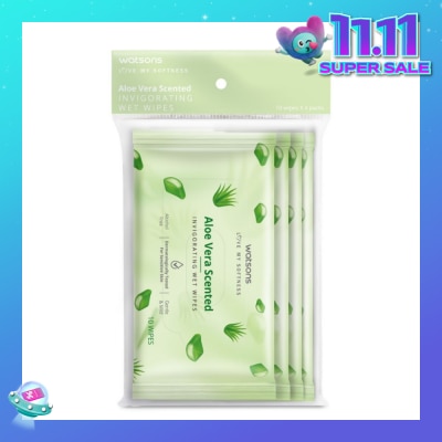 WATSONS Scented Invigorating Wet Wipes Aloe Vera 10s x 4 packet