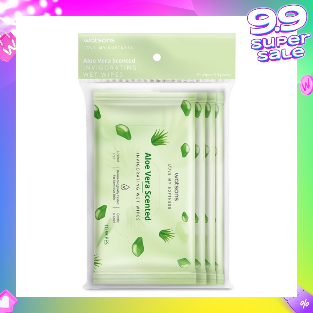 Scented Invigorating Wet Wipes Aloe Vera 10s x 4 packet