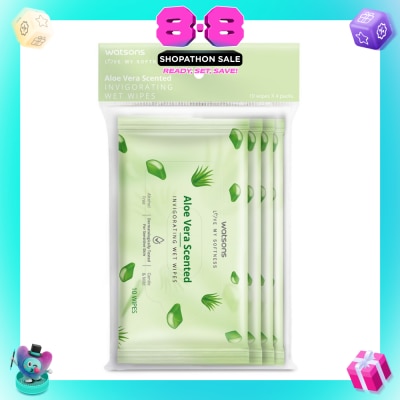 WATSONS - Scented Invigorating Wet Wipes Aloe Vera 10s x 4 packet