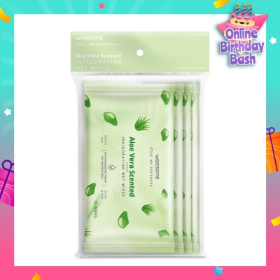 WATSONS Scented Invigorating Wet Wipes Aloe Vera 10s x 4 packet