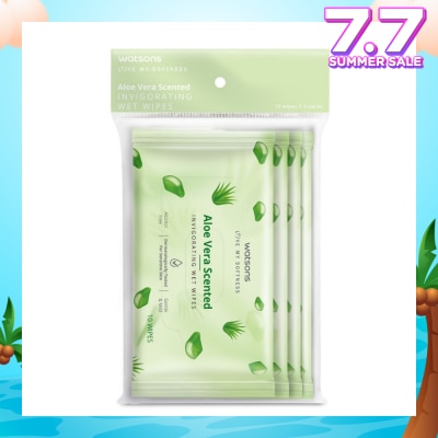 WATSONS Scented Invigorating Wet Wipes Aloe Vera 10s x 4 packet