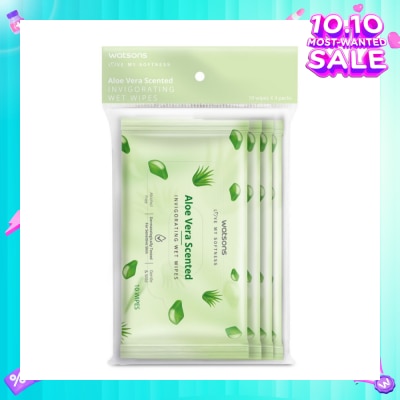 WATSONS Scented Invigorating Wet Wipes Aloe Vera 10s x 4 packet