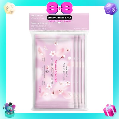 WATSONS - Scented Invigorating Wet Wipes Sakura 10s x 4 packet