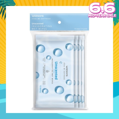 WATSONS Invigorating Wet Wipes Unscented 10s x 4 packet