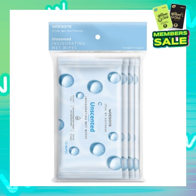 WATSONS Invigorating Wet Wipes Unscented 10s x 4 packet
