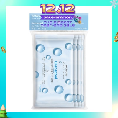 WATSONS Invigorating Wet Wipes Unscented 10s x 4 packet