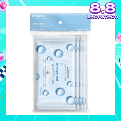 WATSONS Invigorating Wet Wipes Unscented 10s x 4 packet