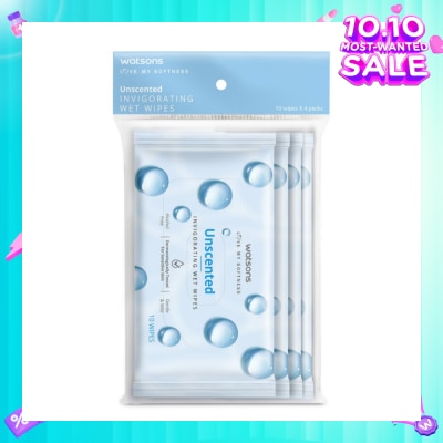 WATSONS Invigorating Wet Wipes Unscented 10s x 4 packet