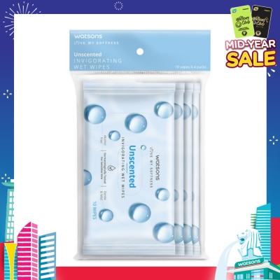 WATSONS Invigorating Wet Wipes Unscented 10s x 4 packet
