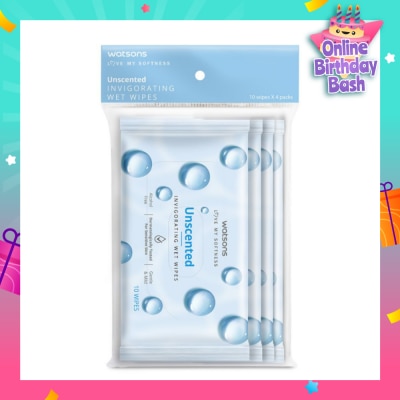 WATSONS Invigorating Wet Wipes Unscented 10s x 4 packet