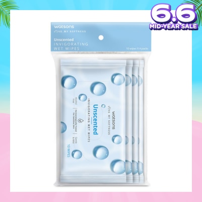 WATSONS Invigorating Wet Wipes Unscented 10s x 4 packet