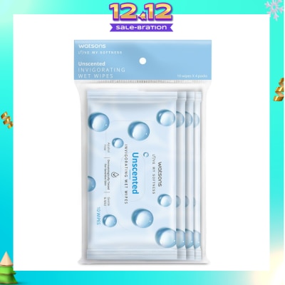 WATSONS Invigorating Wet Wipes Unscented 10s x 4 packet