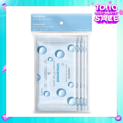 WATSONS Invigorating Wet Wipes Unscented 10s x 4 packet