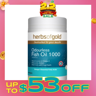 HERBS OF GOLD Odourless Omega-3 Fish Oil 1000mg Softgel (DHA & PHA For Heart, Brain, Joint & Eyes Health) 90s