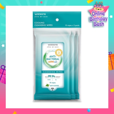 WATSONS Anti-Bacterial Cooling Cleansing Wipe Mint Pack Set (To Gently Cleanses & Leaves Skin Feeling Fresh) 10s x 3 Pack